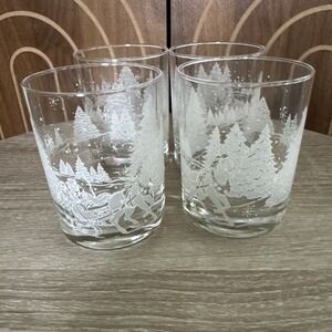 Vintage 4 AVON "THROUGH THE WOODS" Frosted Winter Scene Lowball Sleigh Ride 12oz